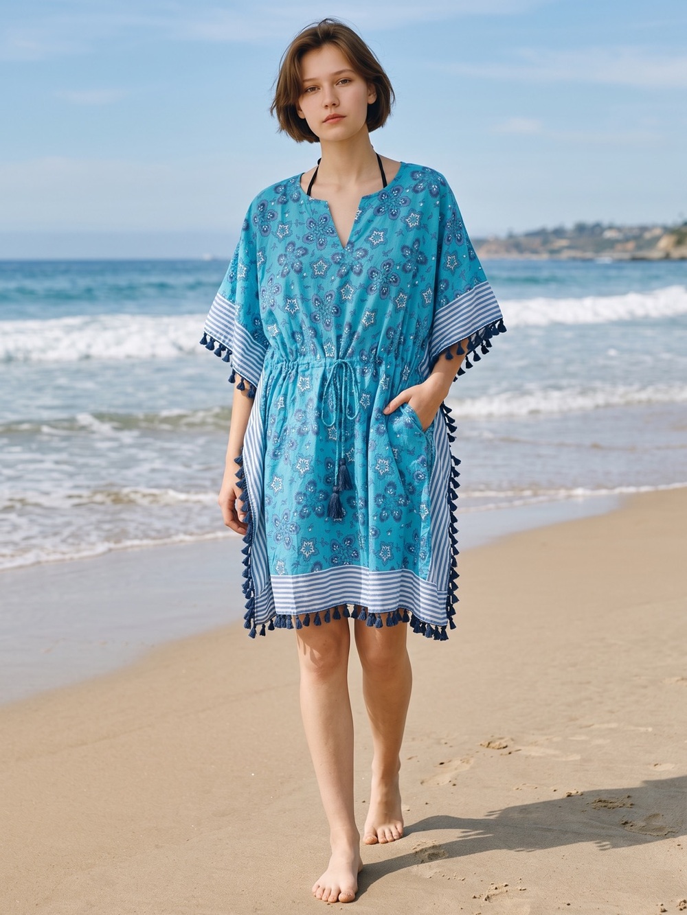 Coldwater Creek Floral Tassel Swim Coverup Caftan Dress